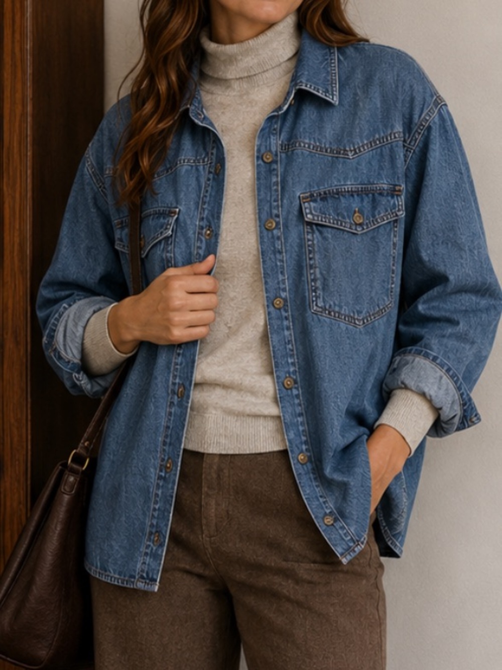 Gloria Vanderbilt Cotton Blend Medium Wash Denim Button-Down Shirt M Western
